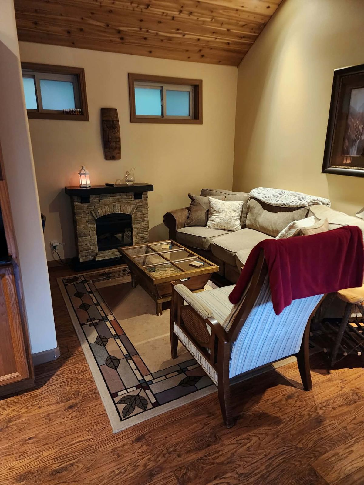 Clean rental living room with fireplace